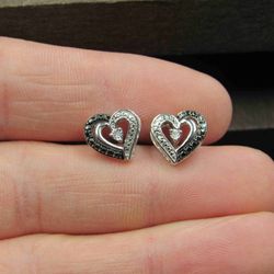 Sterling Silver Two Tone Diamond Love Heart Stud Earrings