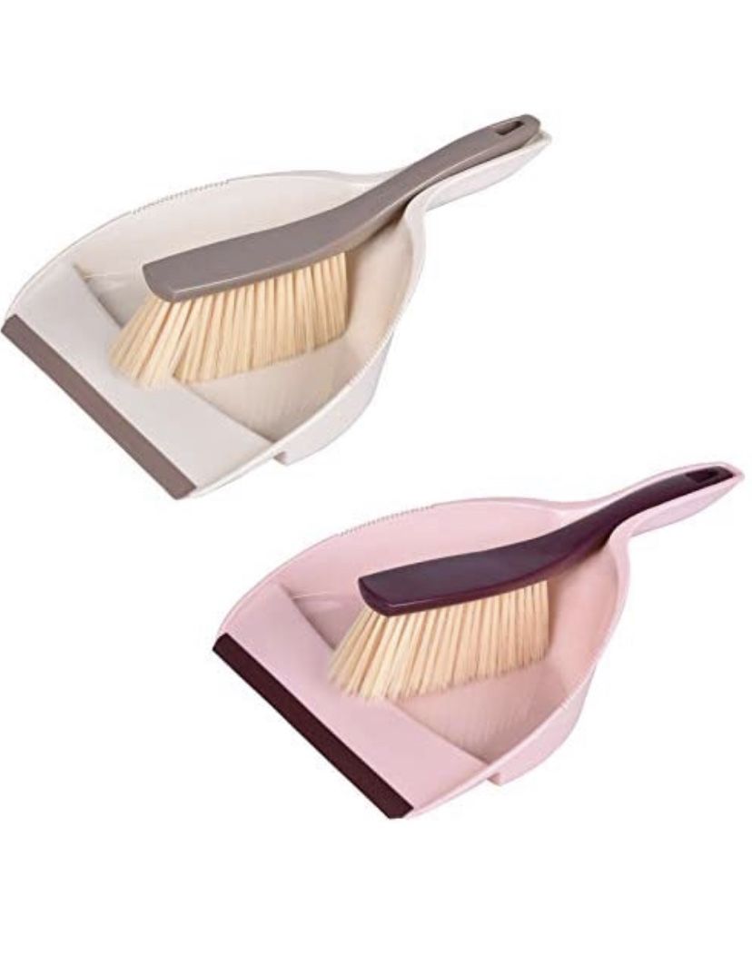 Mini Hand Dustpan and Brush, Multi-Functional Portable Snap-on Dustpan Set, Cleaning Tool for Floor, Desk, Sofa, Car 2-Pack Pink and Beige