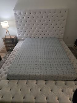 White Tufted Upholstered Bed Frame with Headboard - No Mattress