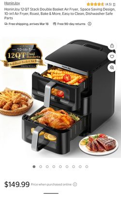  12 QT Stack Double Basket Air Fryer,  Space Saving Design, 10-in1 Air Fryer, Roast, Bake & More, Easy to Clean, Dishwasher Safe Parts