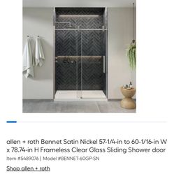 allen + roth Bennet Satin Nickel 57-1/4-in to 60-1/16-in W x 78.74-in H Frameless Clear Glass Sliding Shower door
