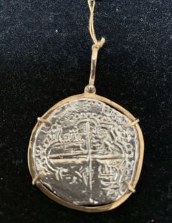 BIG SALE big Atocha silver coin pendant in gold bezel