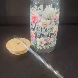 Love Mom 16oz Glass Cup With Baboo Lid