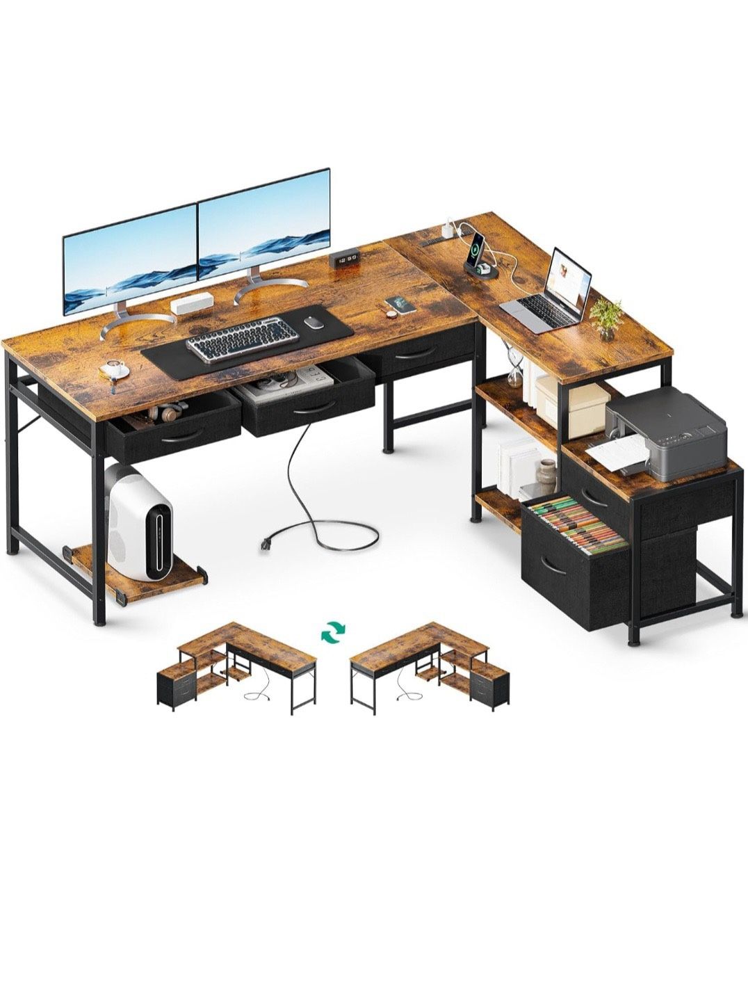 AODK L Shaped Computer Desk with Fabric Drawers and File Cabinet, 61" Reversible Home Office Workstation Desk with Power Outlets & Host Stand, Corner,All Products : American Fashion Style Bags On Sale