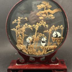 Vintage Chinese DIORAMA Cork Carving Glass Case Pagoda Trees Panda Bears 