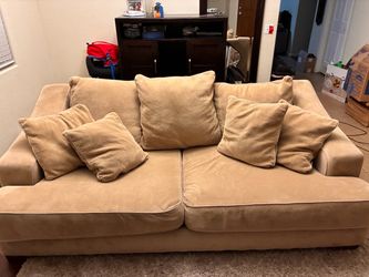Beige Fabric 2-Seat Sofa with Throw Pillows