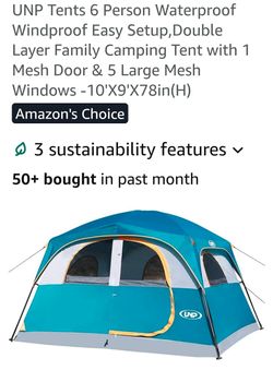 UNP 6 Person Tents for Camping Waterproof Family Cabin Tent with Rainfly
Easy Setup Windproof Double Layer Camping Tent with 1 Mesh Door & 5 Large Mes