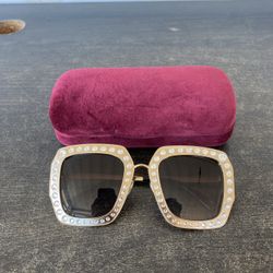 Gucci Gold Metal Frame White Crystals Square Sunglasses GG0115S
