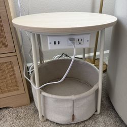 Round Side Table with Charging Station & Storage Basket
