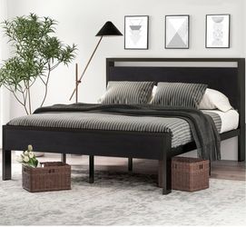 14 Inch Queen Size Metal Platform Bed Frame with Wooden Headboard and Footboard Black oak