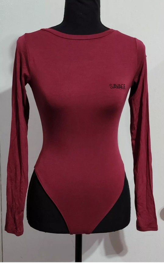 Wet Seal Bodysuit Women Small Savage Open Back Burgundy Thong Embroidered