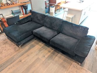 Modern Dark Navy Velvet Sectional Couch with Chaise - Great Condition - Best Offer!