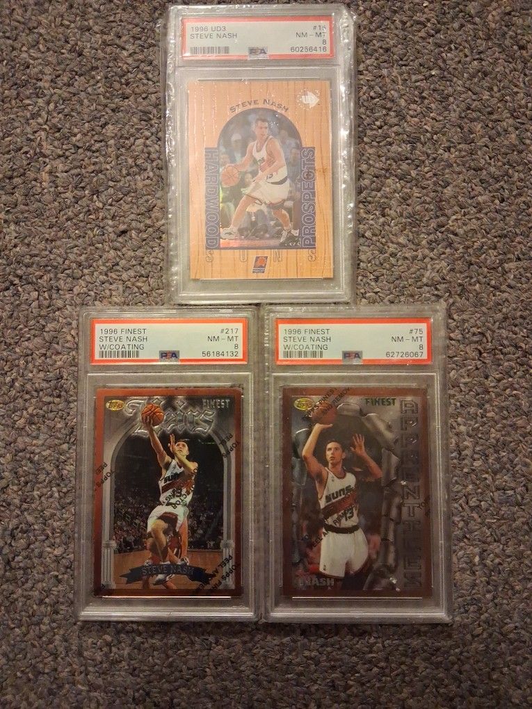 Awesome Steve Nash Psa 8 Rc 3 Card LOT His 2 Topps Finest Rcs For A Nice Pair Alnf With The Beautiful UD3 Prospects Hardwood Rc