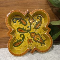 VTG MCM Bitossi Aldo Londi for Rosenthal Netter Paisley Italian Ceramic Ashtray Orange Yellow Green Quatrefoil
