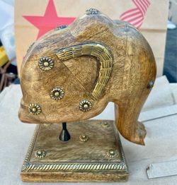 Pier 1 Imports wooden elephant sculpture features brass inlay details and floral studs