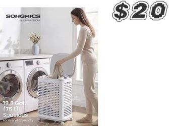 😀 Laundry Hamper with Wheels, Plastic Laundry Basket, 19.8 Gallons (75 L), Slim Storage Basket, for Bathroom, Bedroom, White and Gray (clearance sale