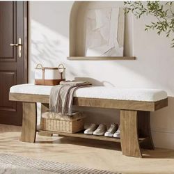 YT0076 Upholstered Entryway Bench with Storage Shelf, Indoor Cushioned Shoe Bench Seat, Farmhouse Skinny End of Bed Benches