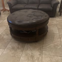 Round Cushioned Leather Ottoman