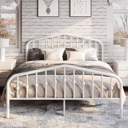 Queen Metal Bed Frame with Wrought Iron-Art Headboard, White Victorian Style Metal Platform Bed Frame, Wrought Iron-Art Headboard and Footboard, Under