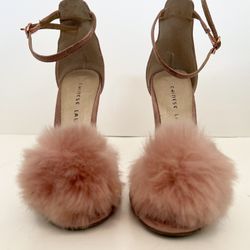Chinese laundry pink sued stiletto heel with pink fluffy accent 