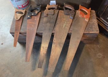 5 Antique Saws 1890s-1940s & Saw Box, Decoration, Rustic, Farmhouse, Step Stool, Shoe Box