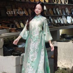 Yen - Cyan and Gold 3D Flowers Bow Shifted Ao Dai Set from Aodaibycutesass