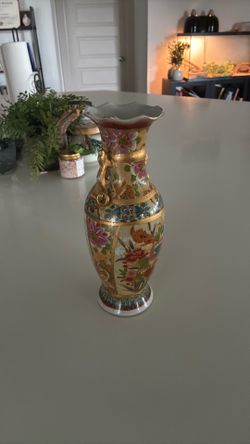 Decorative Porcelain Vase with Raised Gold Handles