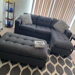 Brand New Grey Linen Sectional Sofa +Ottoman (New In Box) 