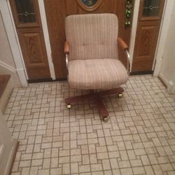 Wood & Brass Swivel Office Chair On Casters Beige Stripe Cushion Seat 