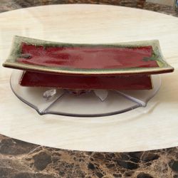 Vintage Large Burgundy Red Footed Ceramic Serving Platter Rectangular Sushi Appetizer Tray Pedestal Plate 12.5”