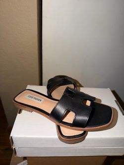 STEVE MADDEN HADYN BLACK LEATHER Slide Sandals