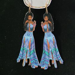 Women African Ebony Model Dangle Pierced Earrings Blue Pattern Dress
