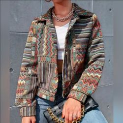 Geo Print Multicolor Patterned Button Up Jacket Shein Size 6 / Medium
Good condition