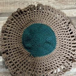Hand Made Round Twobeige Taupe/ Blue Crochet Dolily Or Mat Floor