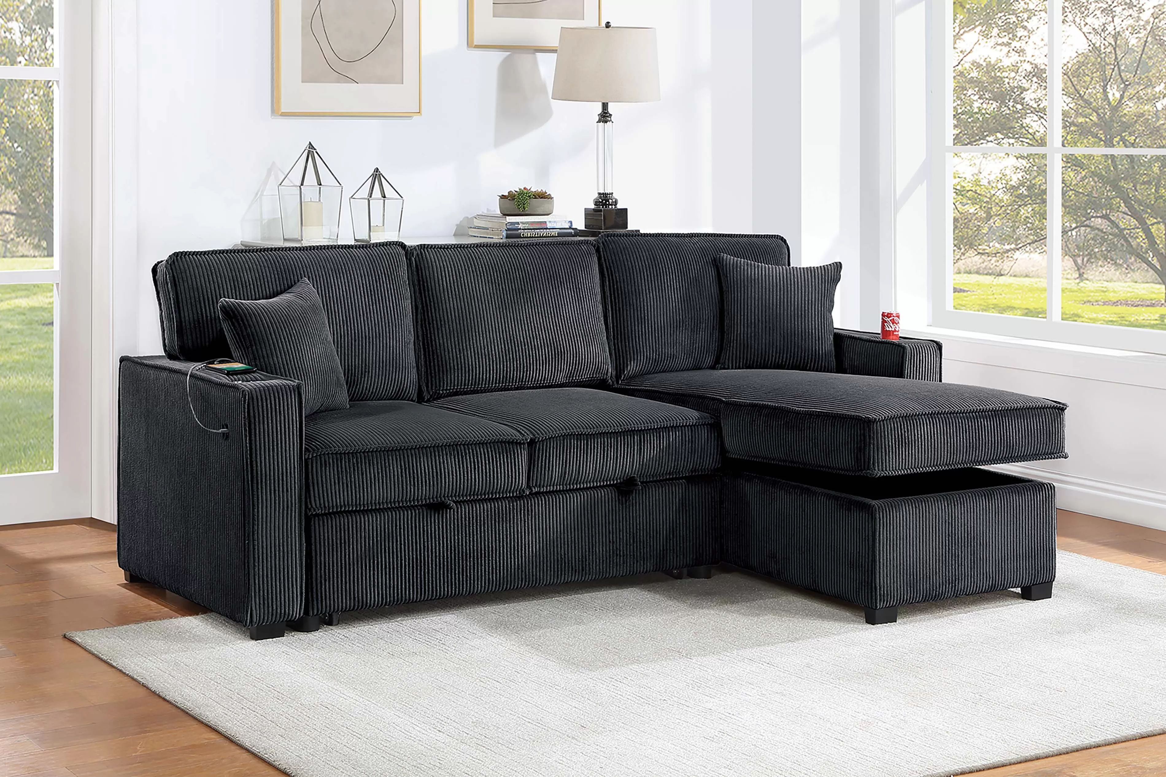 Sectional Convertible Bed Black Corduroy fabric, Reversible Chaise, Storage Chaise. New Especial price
