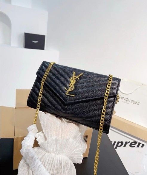 Designer YS PARIS Logo Gold Label Chain Strap Quilted Grained Leather Shoulder Crossbody Bag Women's Black