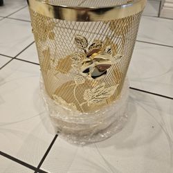 Vintage Gold Color Waste Basket and tissue Box