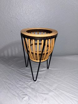 Boho Woven Plant Basket with Black Metal Stand