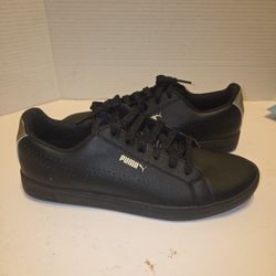 PUMA Womens Smash Metalic Shoes Size 9.5 Black Leather Sneakers 366328-02 Foam