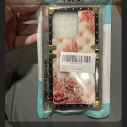 Pink iPhone Case For iPhone 15 Pro With Rose Design, Black And Gold Trim