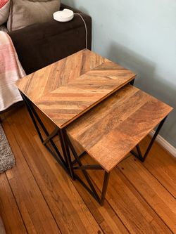 Nesting wood side tables black metal legs