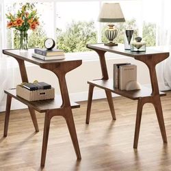 HL0175 27.56 in. Brown Rectangular Wood End Table (Set of 2), 2-Tier Sofa Side Table Narrow Couch Table for Living Room