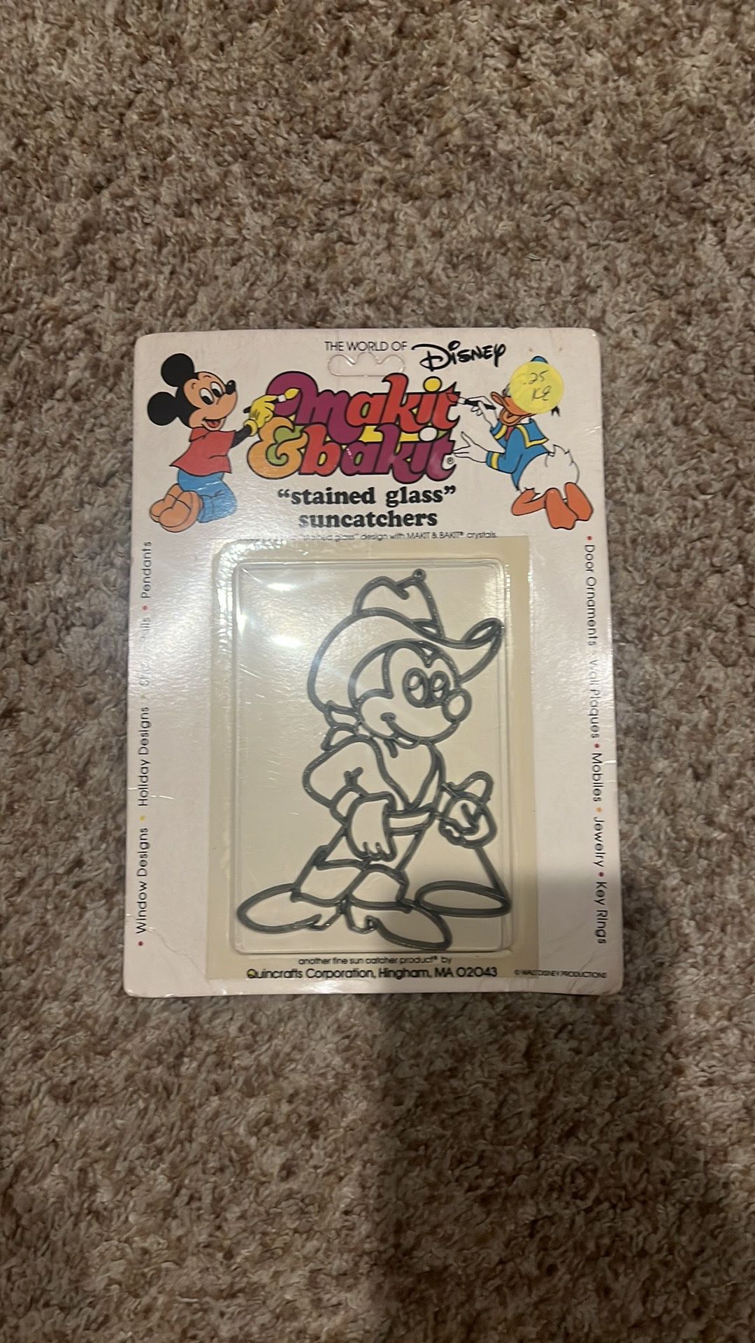 Vintage Makit Bakit Mickey Mouse Cowboy Disney Suncatcher Frame Craft Project. Cardboard is discolored & corners are bent