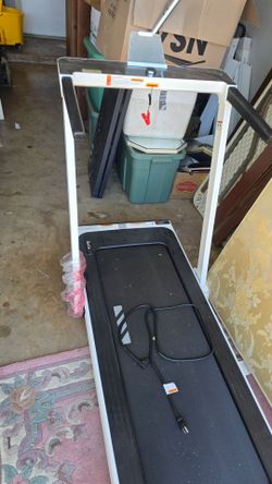 This is a BANCON smart folding treadmill, featuring a white metal frame and a compact, foldable design for home or office use