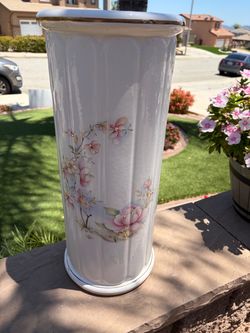 White Ceramic Umbrella Stand Floral Gold Trim