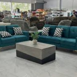 Modern 2-pc Sofa Set Loveseat & Sofa Teal Blue Velvet Fabric & Golden Plated Steel Legs