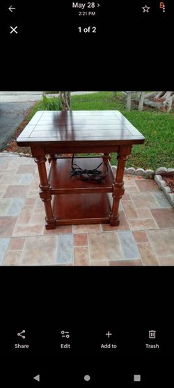 VINTAGE TWO TIER TABLE WITH DUAL POWER OUTLETS.29" HIGH AND 27" X 27" TOP.