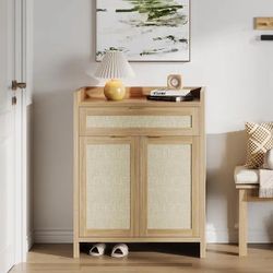 GN- Rattan Shoe Cabinet, Boho Shoe Storage Organizer Cabinet with Drawers Up OP Oil