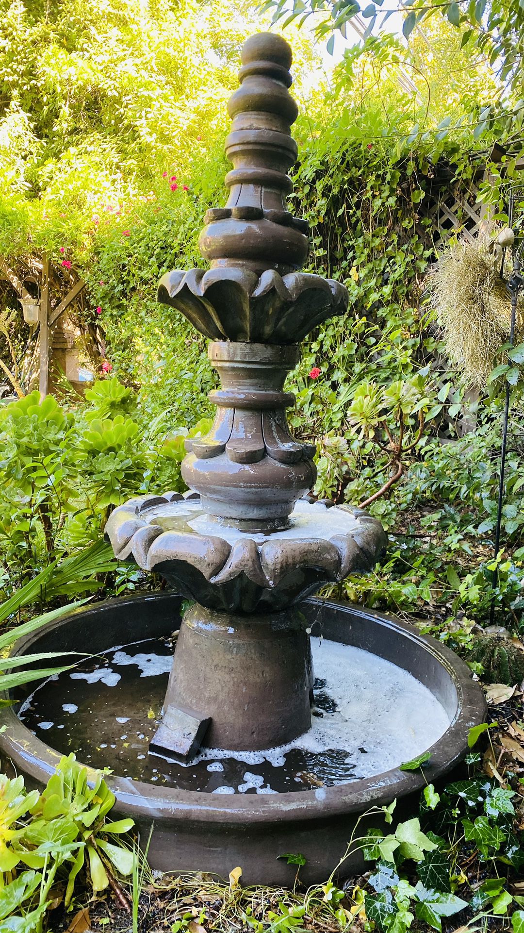 Water Fountain + Pump . About 5.5 ‘ Tall . Concrete , 4 Tier . 