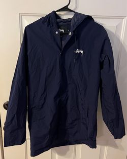 Stussy Men’s Blue Hooded Windbreaker Jacket Logo Back Graphic Snap Front M